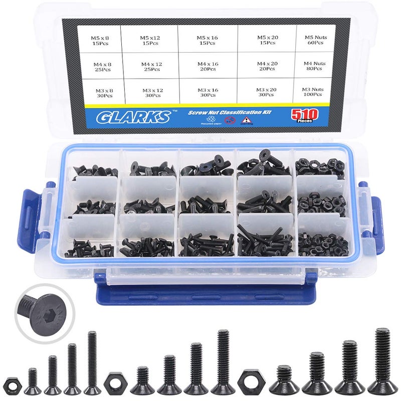 Glarks 510Pcs Metric M3 M4 M5 Alloy Steel Socket Cap Screws Hex Head Bolt Nuts Assortment Kit - Black Oxide Finish - Image 1